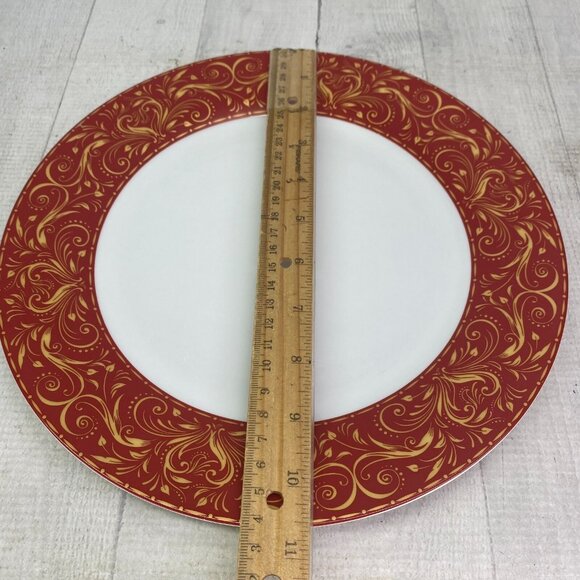 Chris Madden JC Penny MONTALIRA RED Gold Scroll Porcelain Dinner Plate Set 4 - Picture 10 of 16